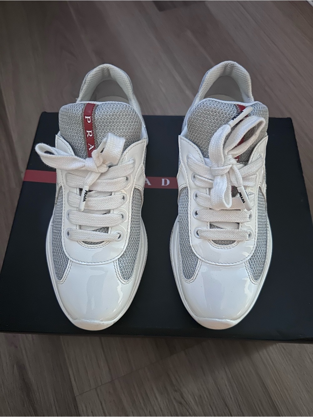 Prada White and Light Gray Men's Sneakers with Red Logo Tab